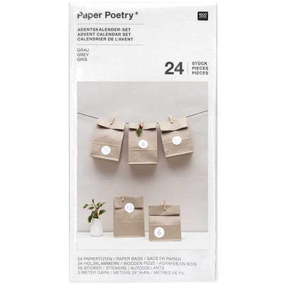 PAPER POETRY ADVENTSKALENDERSET GRAU 24 TÜTEN INKL. ZUBEHÖR