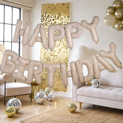 Happy Birthday Ballon-Girlande in Nude und Gold mit Sprenkeln | Boutique Ballooons