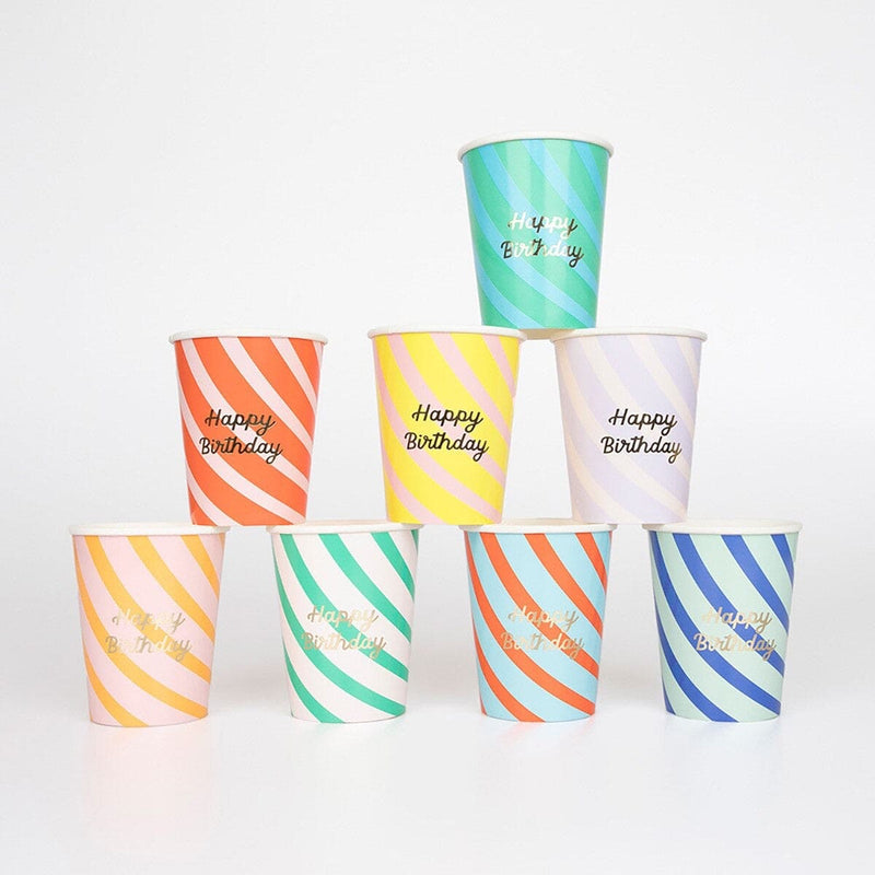 Stripe Happy Birthday Cups (x 8)