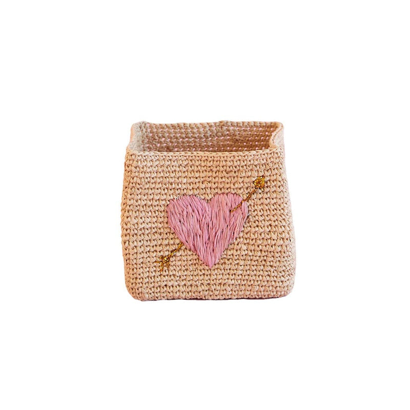 Groß Quadratisch Raffia Korb - Natürlich - Pink Heart Embroidery