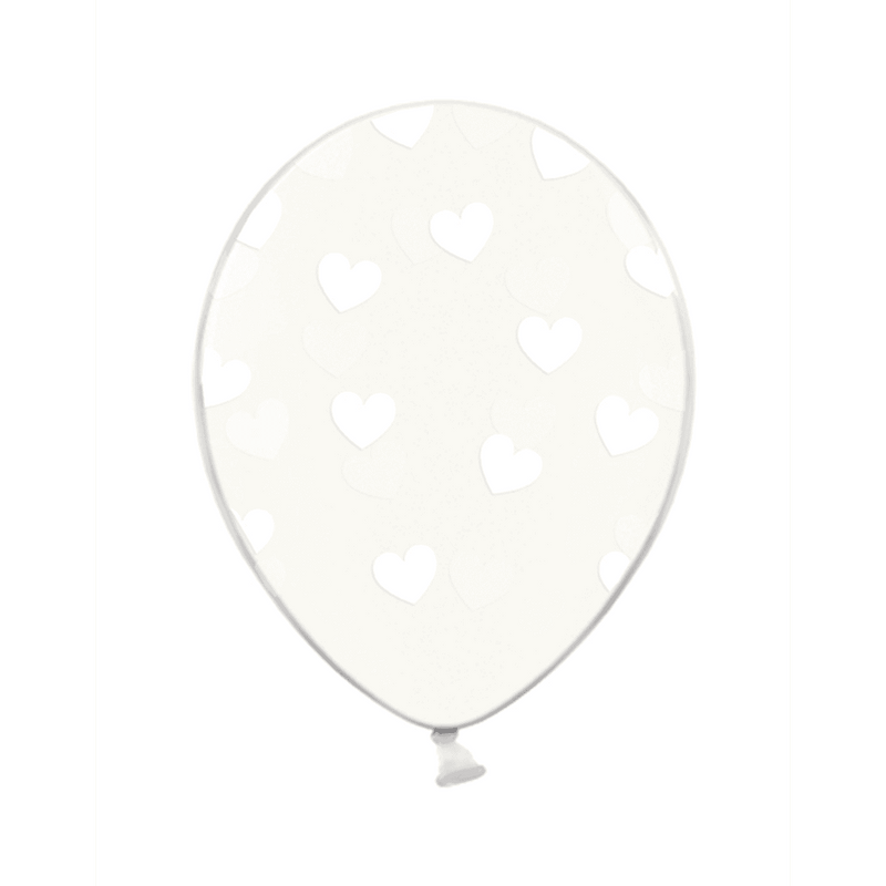 6 Motivballons - Clear, Hearts, Weiß