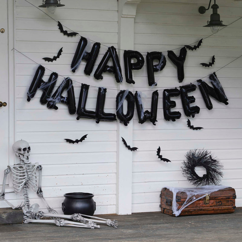 Happy Halloween Balloon Bunting with Hanging Bats and Cobwebs