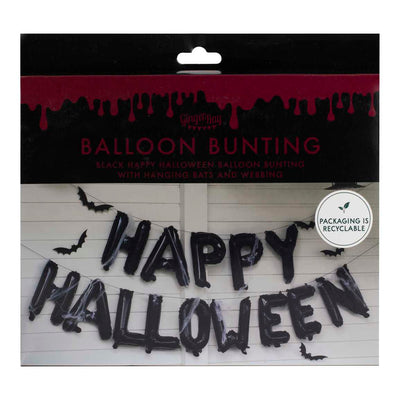 Happy Halloween Balloon Bunting with Hanging Bats and Cobwebs