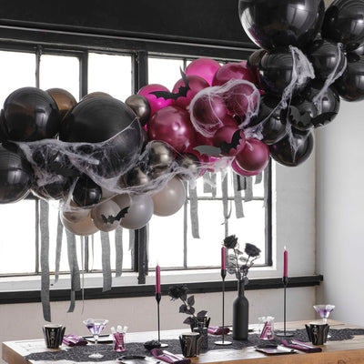 Purple, Black and Grey Balloon Arch Backdrop with Streamers, Cobwebs & Bats