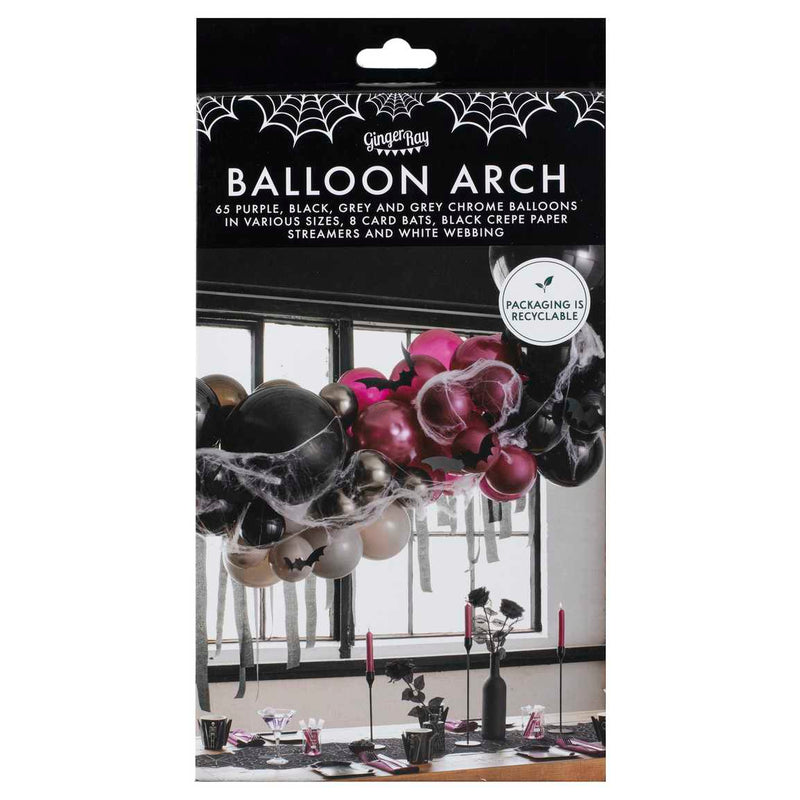 Purple, Black and Grey Balloon Arch Backdrop with Streamers, Cobwebs & Bats