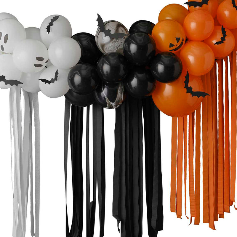 Halloween Balloon Arch Backdrop with Ghosts, Pumpkins, Bats & Streamers