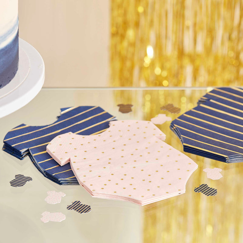 Gold Foiled Pink And Navy Baby Grow Gender Reveal Party Napkins