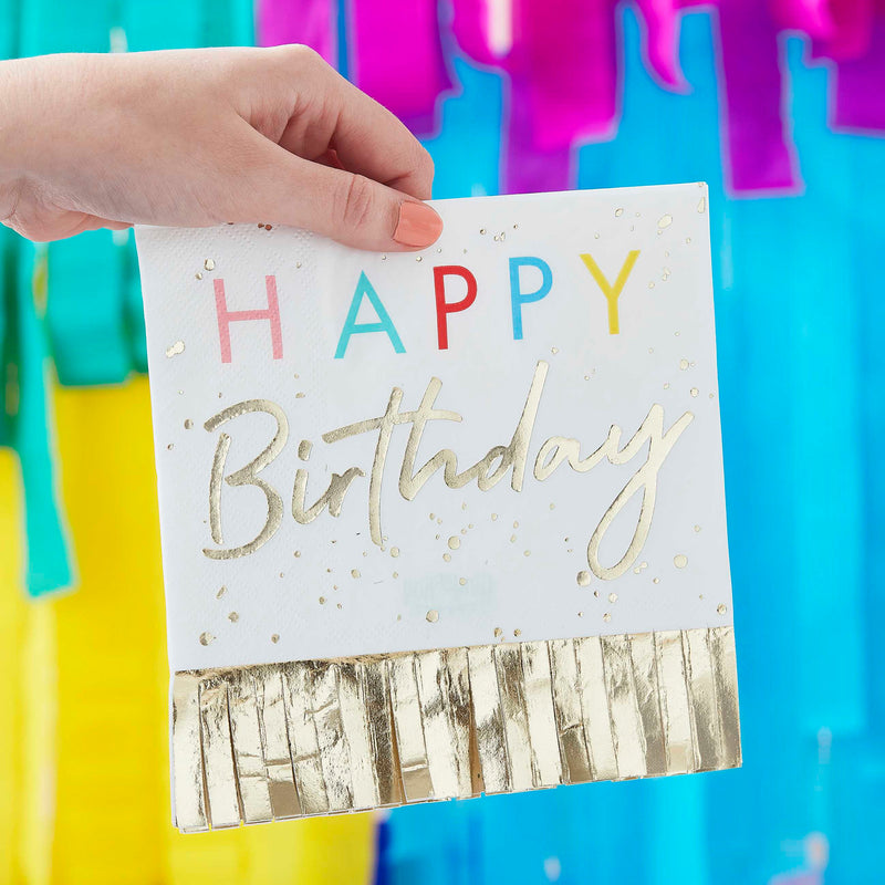 Happy Birthday Fringed Gold Napkins