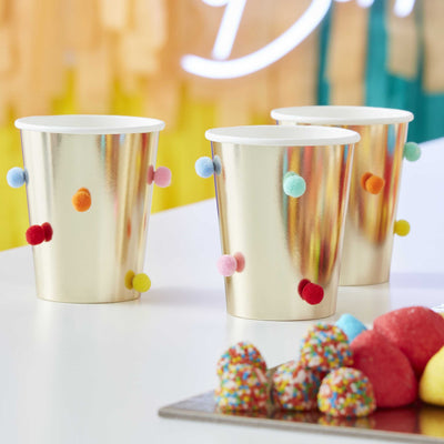 Rainbow Pom Pom Gold Paper Party Cups | Boutique Ballooons